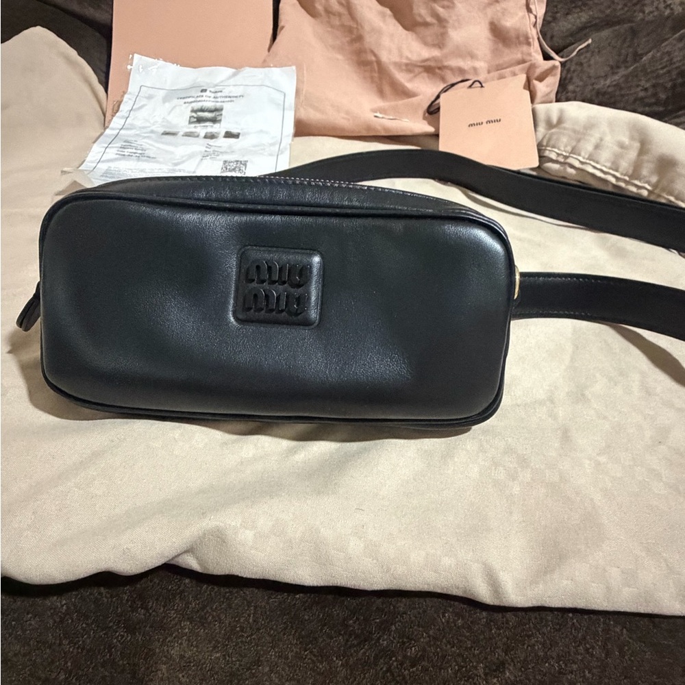 Miu Miu Black Leather Belt Bag with Logo Patch